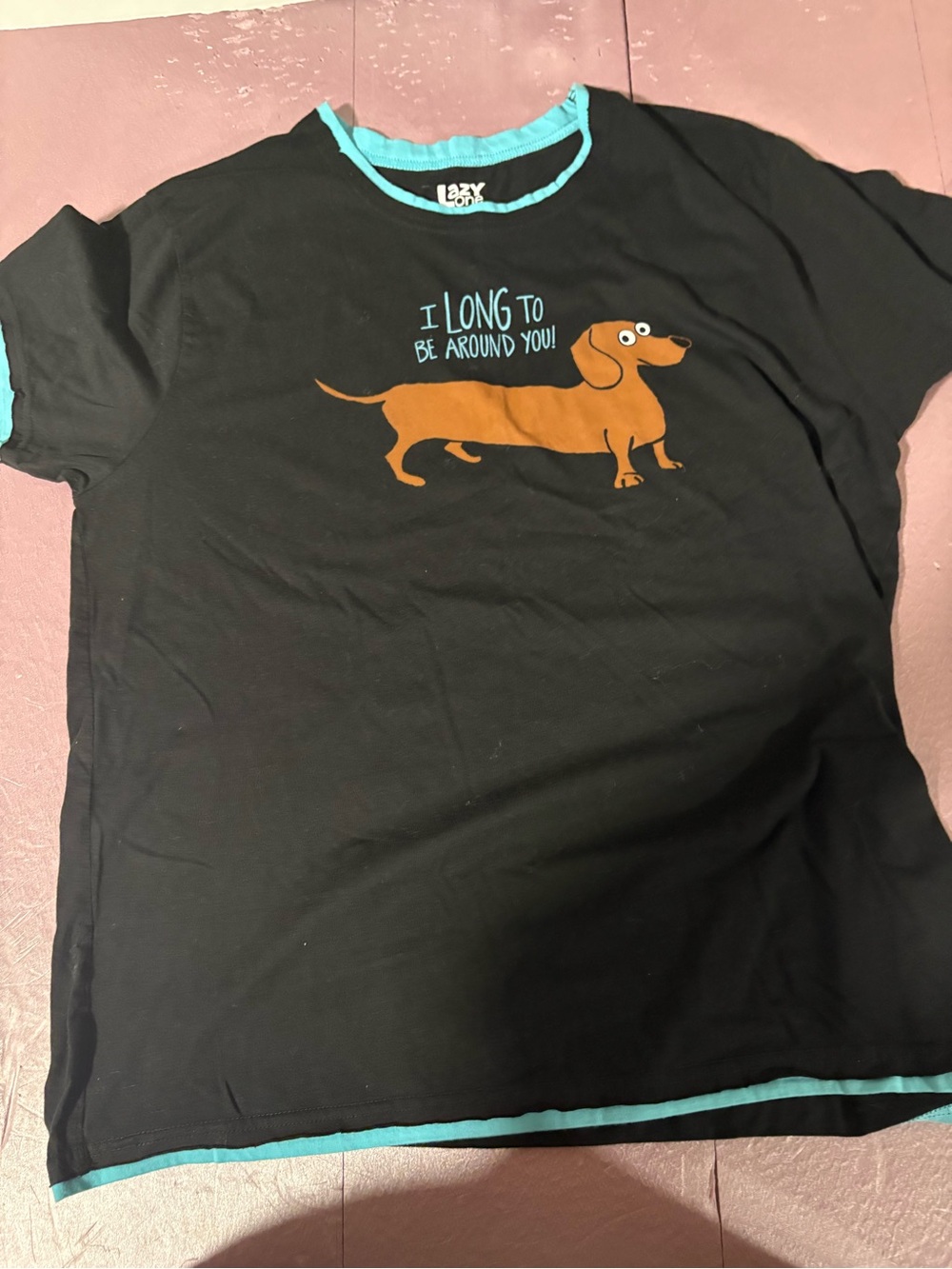 Women’s Lazy One Black Tee with Brown #Dachshund dog and contrasting Teal Trim.